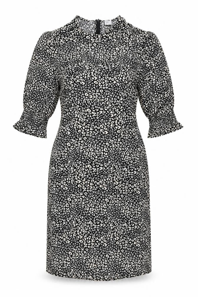 John Lewis Womens Black Animal Print Viscose Shift Size 10 Round Neck Zip - Leopard Print