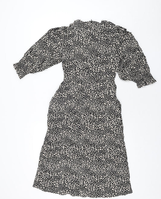 John Lewis Womens Black Animal Print Viscose Shift Size 10 Round Neck Zip - Leopard Print