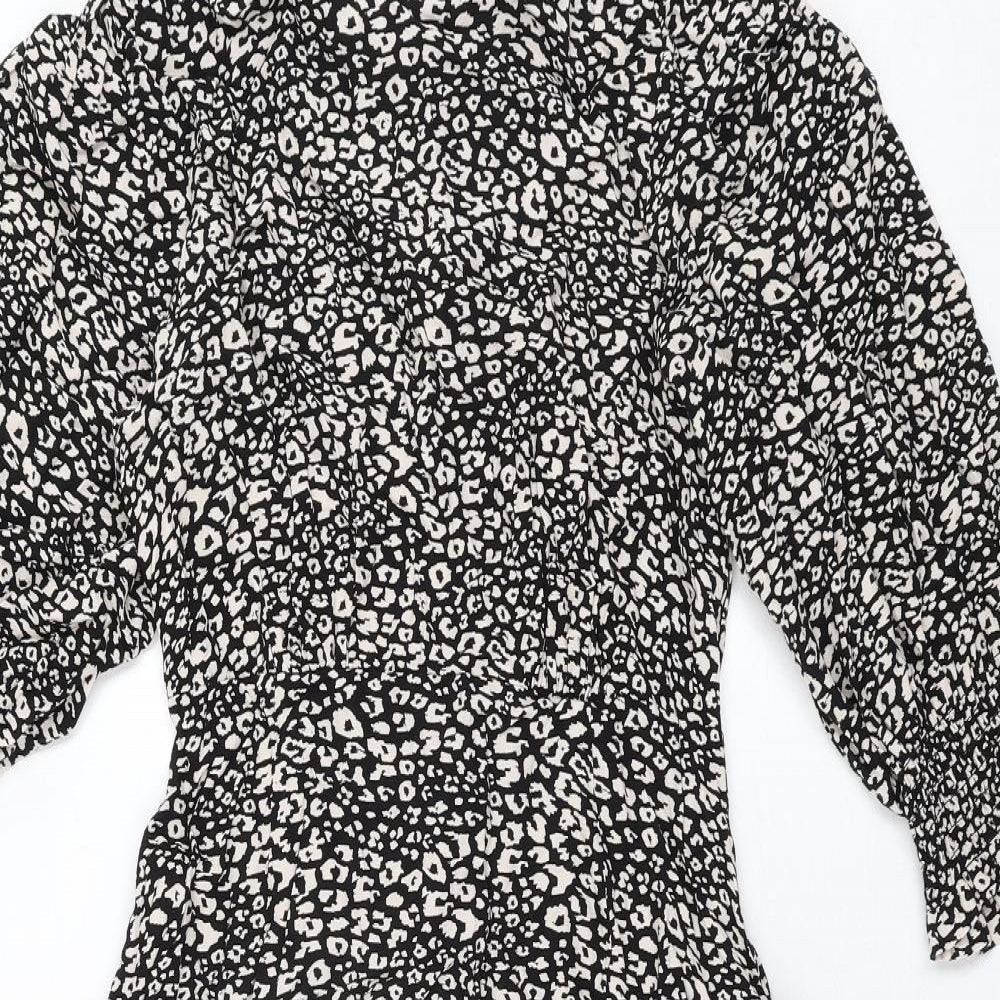 John Lewis Womens Black Animal Print Viscose Shift Size 10 Round Neck Zip - Leopard Print