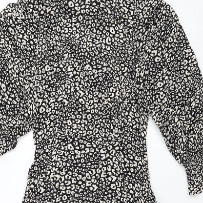 John Lewis Womens Black Animal Print Viscose Shift Size 10 Round Neck Zip - Leopard Print