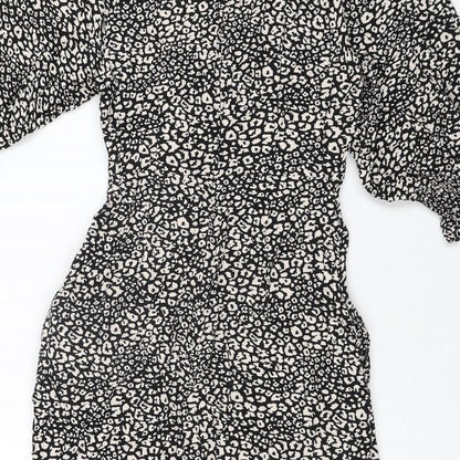 John Lewis Womens Black Animal Print Viscose Shift Size 10 Round Neck Zip - Leopard Print