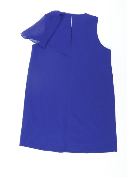 Zara Womens Blue Polyester Shift Size L Round Neck Button - Frill Detail