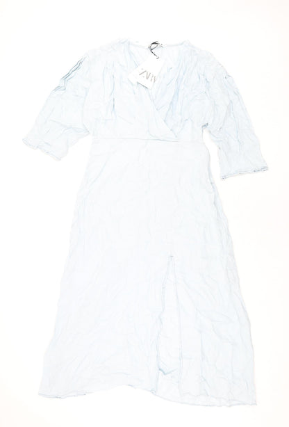 Zara Womens Blue Polyester Maxi Size L V-Neck Pullover - Front Slit