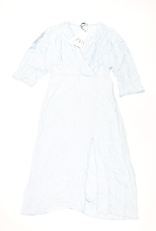 Zara Womens Blue Polyester Maxi Size L V-Neck Pullover - Front Slit