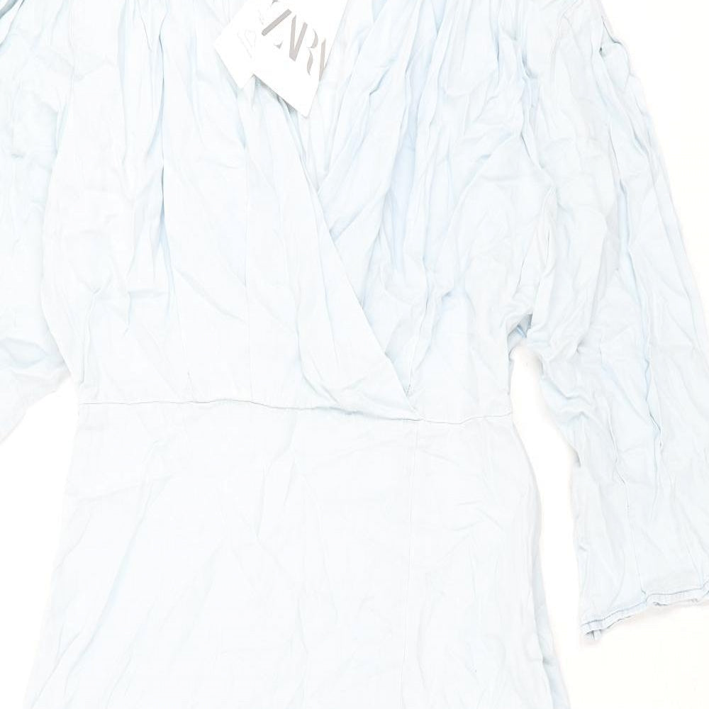 Zara Womens Blue Polyester Maxi Size L V-Neck Pullover - Front Slit