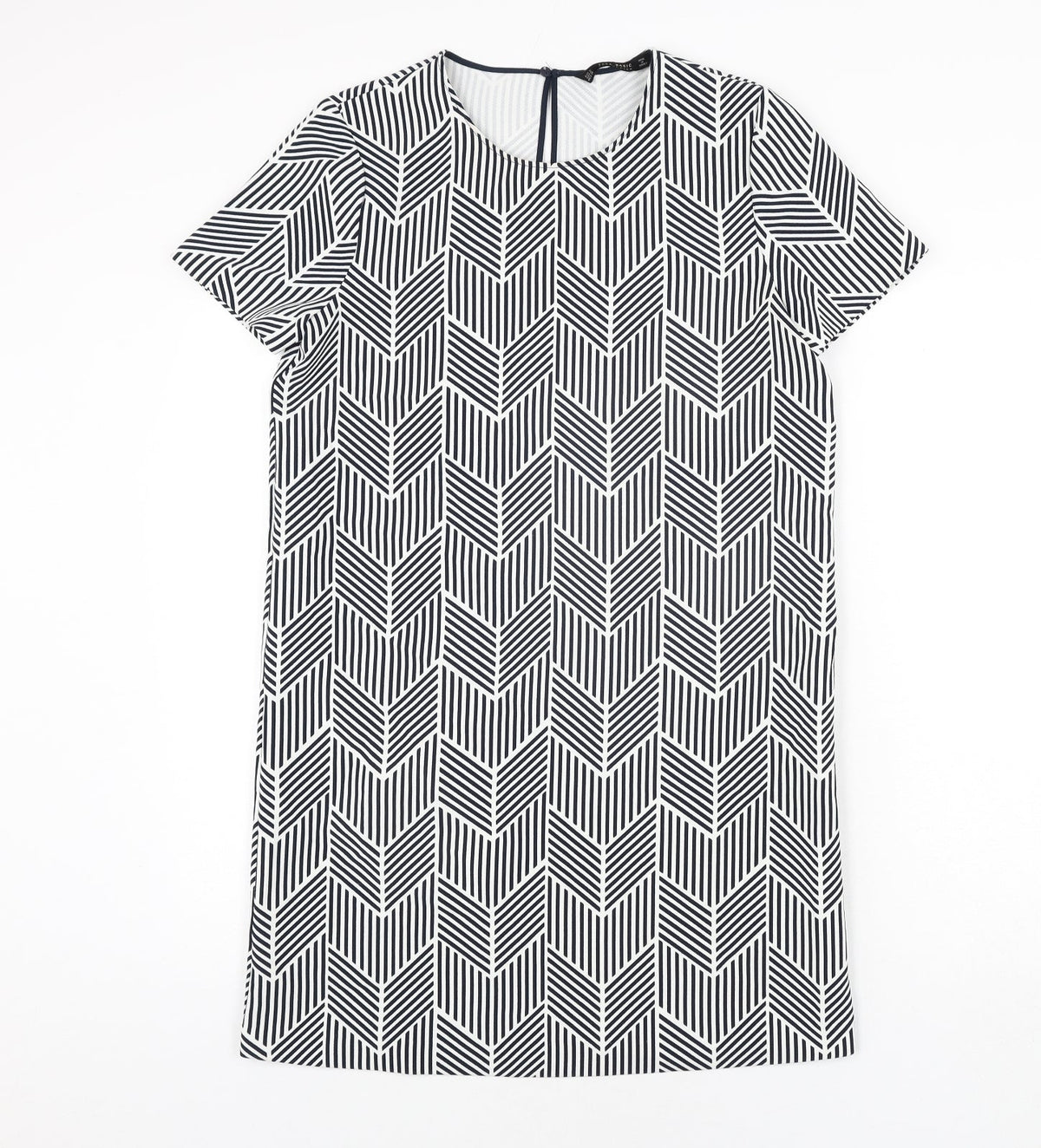 Zara Womens Black Geometric Polyester Shift Size M Round Neck Button