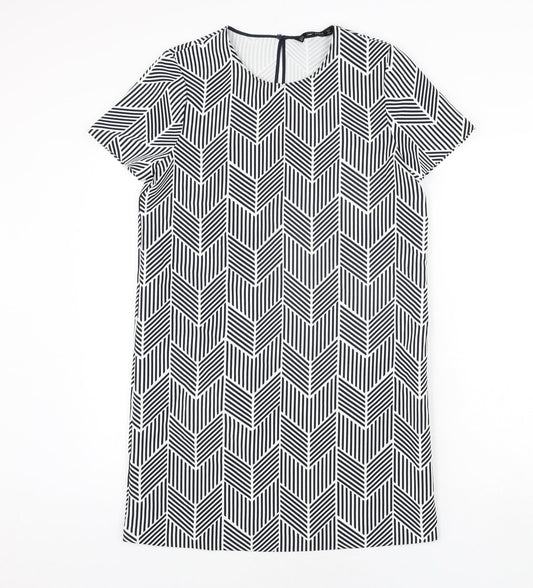 Zara Womens Black Geometric Polyester Shift Size M Round Neck Button