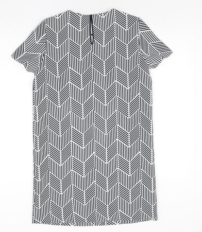 Zara Womens Black Geometric Polyester Shift Size M Round Neck Button