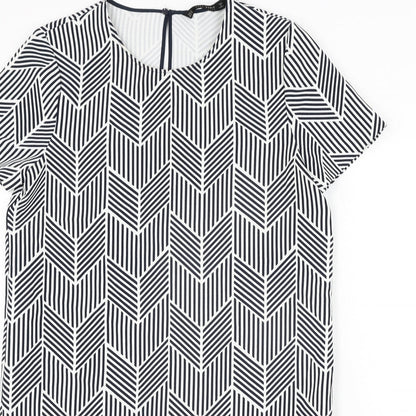 Zara Womens Black Geometric Polyester Shift Size M Round Neck Button