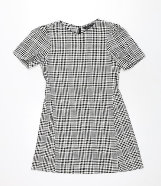 Zara Womens Grey Check Polyester A-Line Size S Round Neck Zip