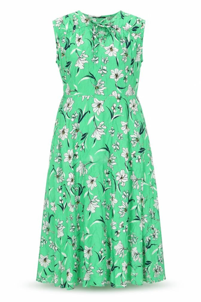 Marks and Spencer Womens Green Floral Cotton A-Line Size 8 V-Neck Tie - Frill