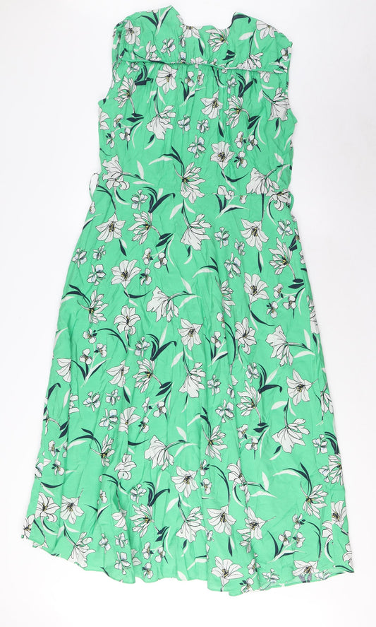Marks and Spencer Womens Green Floral Cotton A-Line Size 8 V-Neck Tie - Frill