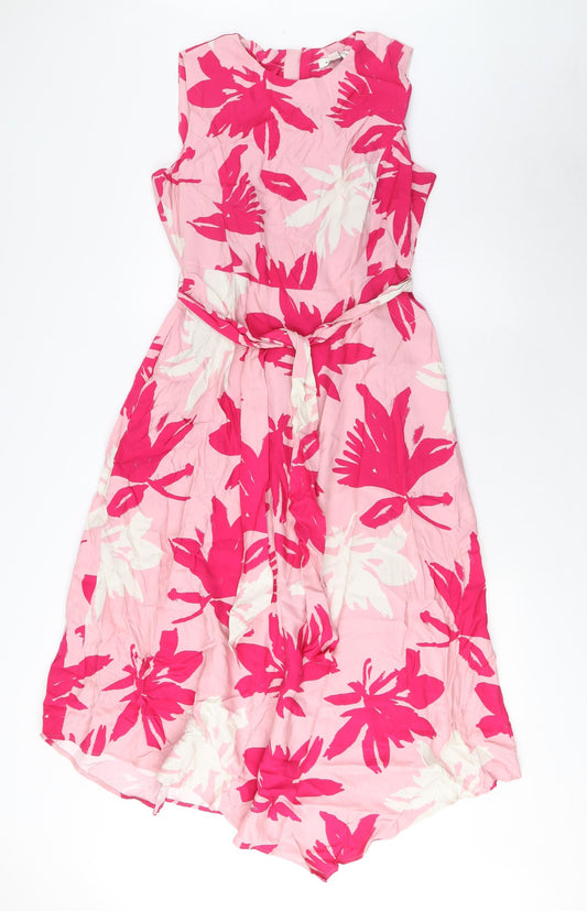 Per Una Womens Pink Geometric Viscose A-Line Size 12 Boat Neck Zip - Belted