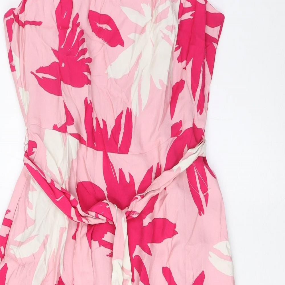 Per Una Womens Pink Geometric Viscose A-Line Size 12 Boat Neck Zip - Belted