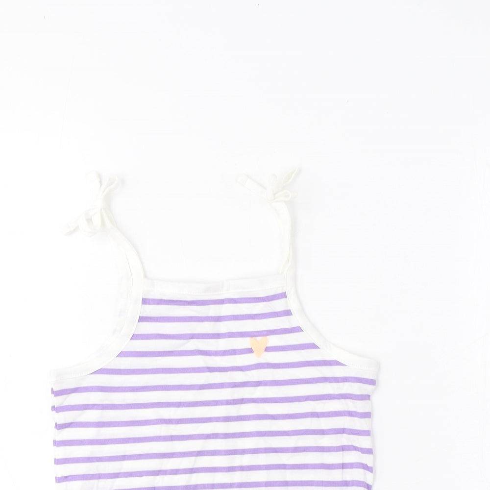 Marks and Spencer Girls Purple Striped Cotton Cropped Tank Size 2-3 Years Square Neck Pullover - Embroidered, Heart