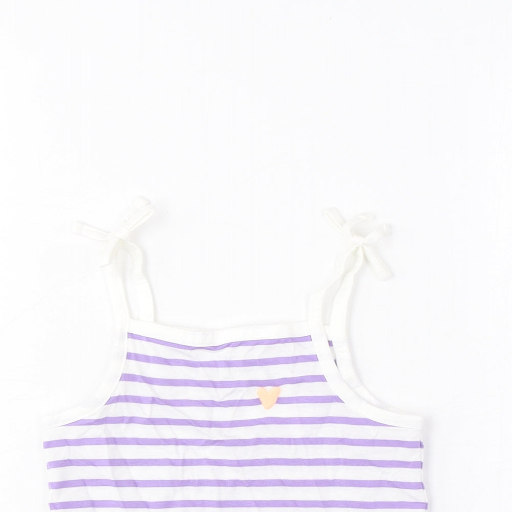 Marks and Spencer Girls Purple Striped Cotton Cropped Tank Size 2-3 Years Square Neck Pullover - Embroidered, Heart