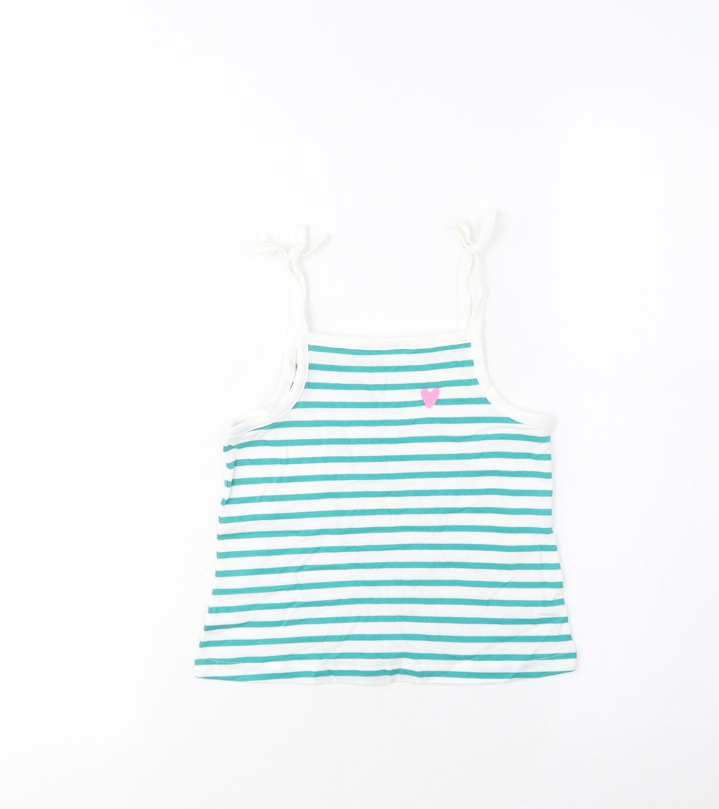 Marks and Spencer Girls Green Striped Cotton Cropped Tank Size 2-3 Years Square Neck Pullover - Embroidered, Heart