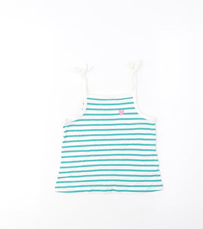 Marks and Spencer Girls Green Striped Cotton Cropped Tank Size 2-3 Years Square Neck Pullover - Embroidered, Heart