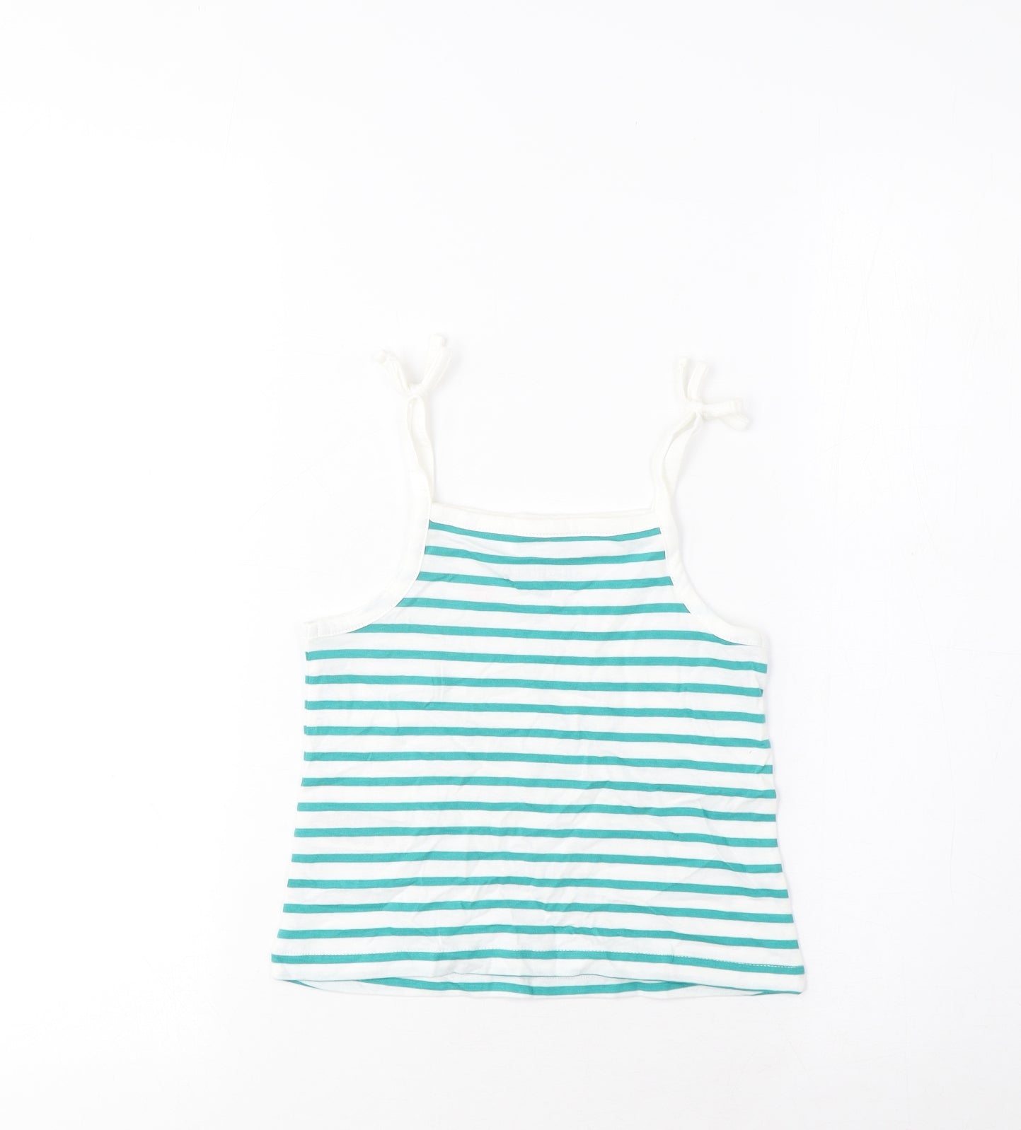 Marks and Spencer Girls Green Striped Cotton Cropped Tank Size 2-3 Years Square Neck Pullover - Embroidered, Heart