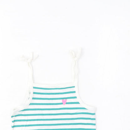 Marks and Spencer Girls Green Striped Cotton Cropped Tank Size 2-3 Years Square Neck Pullover - Embroidered, Heart