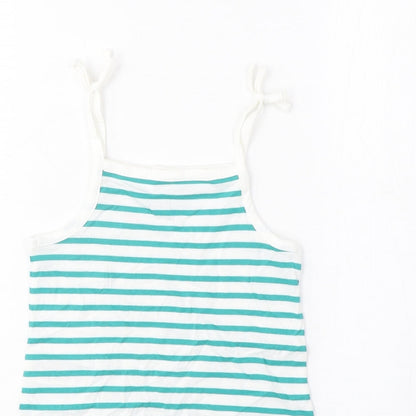 Marks and Spencer Girls Green Striped Cotton Cropped Tank Size 2-3 Years Square Neck Pullover - Embroidered, Heart