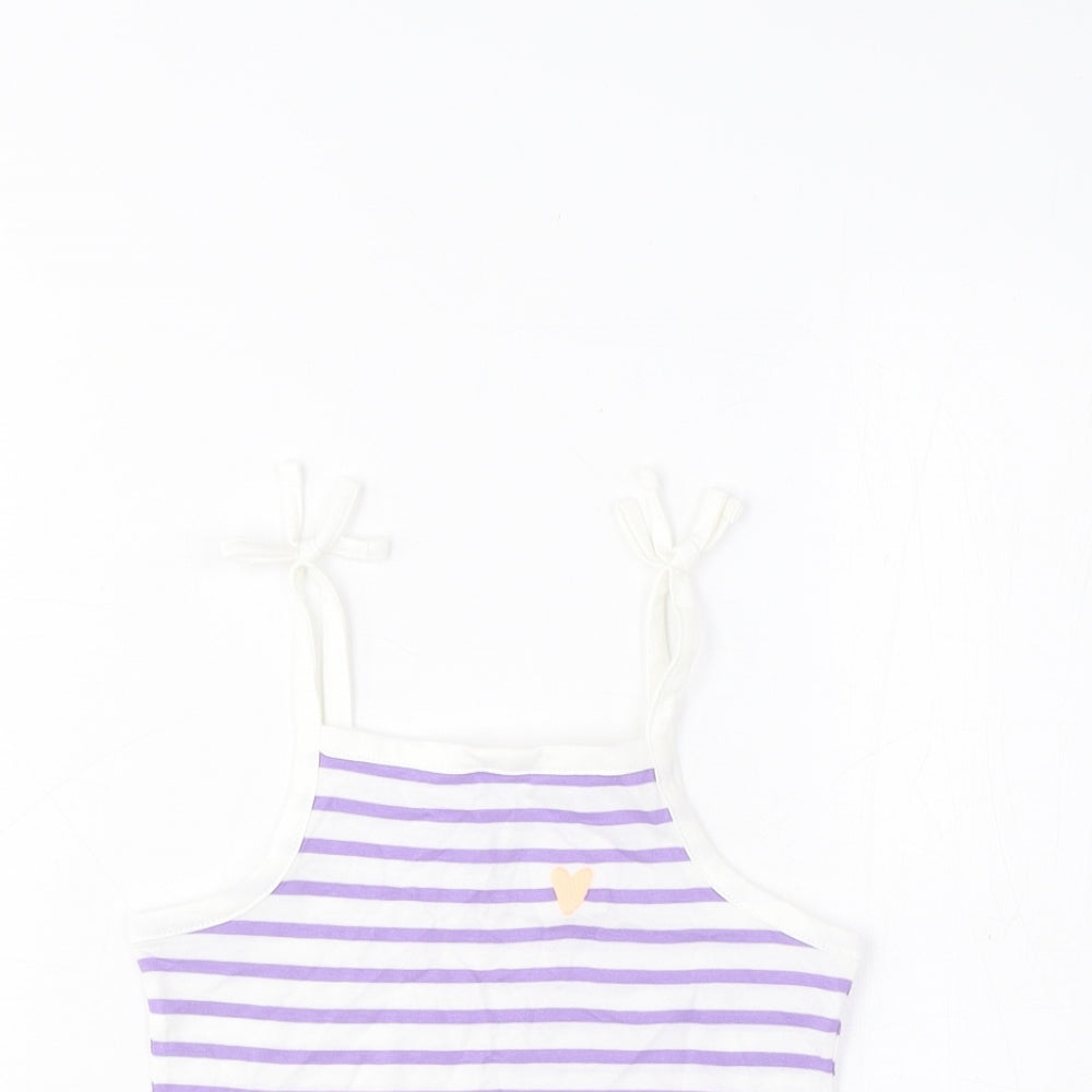 Marks and Spencer Girls Purple Striped Cotton Cropped Tank Size 2-3 Years Square Neck Pullover - Embroidered, Heart