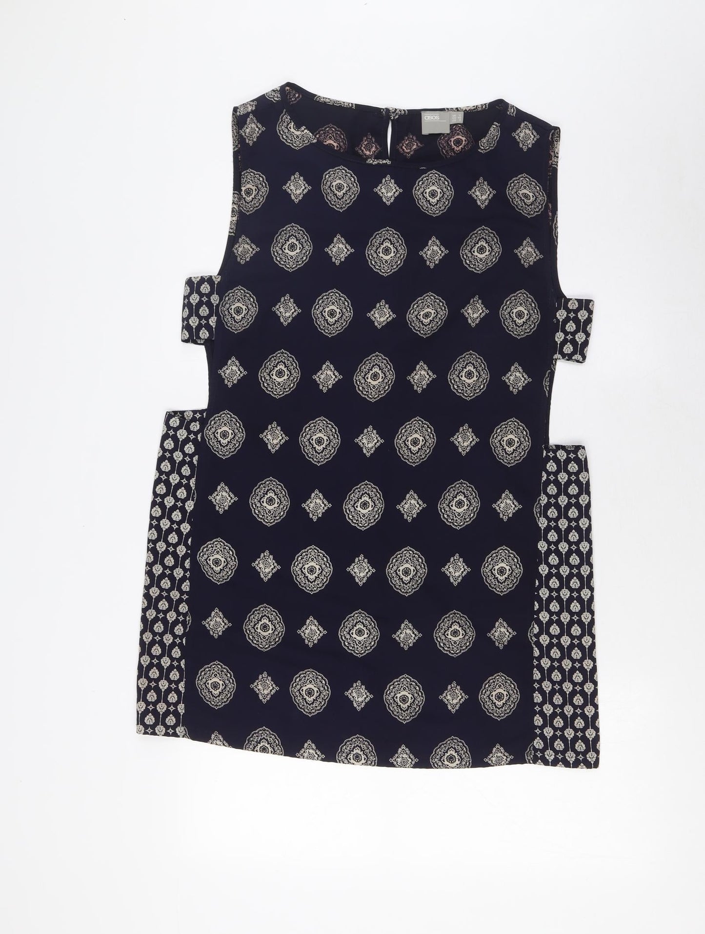 ASOS Womens Blue Geometric Polyester A-Line Size 12 Boat Neck Button - Open Sides