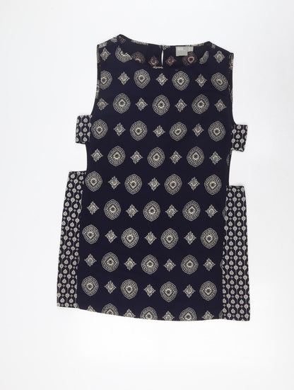 ASOS Womens Blue Geometric Polyester A-Line Size 12 Boat Neck Button - Open Sides