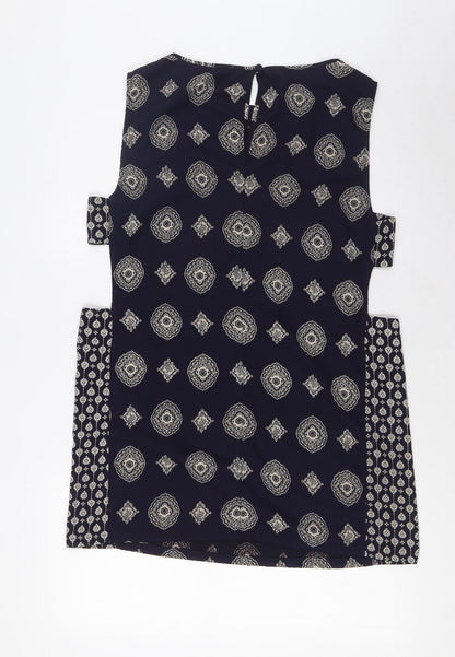ASOS Womens Blue Geometric Polyester A-Line Size 12 Boat Neck Button - Open Sides