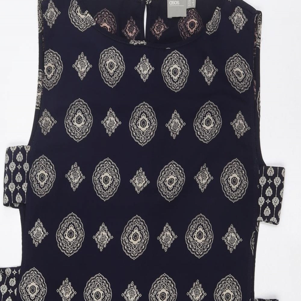 ASOS Womens Blue Geometric Polyester A-Line Size 12 Boat Neck Button - Open Sides