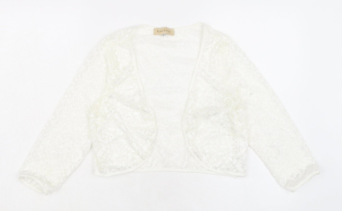 Kate Kasin Womens Ivory V-Neck Polyamide Shrug Jumper Size M - Lace Effect