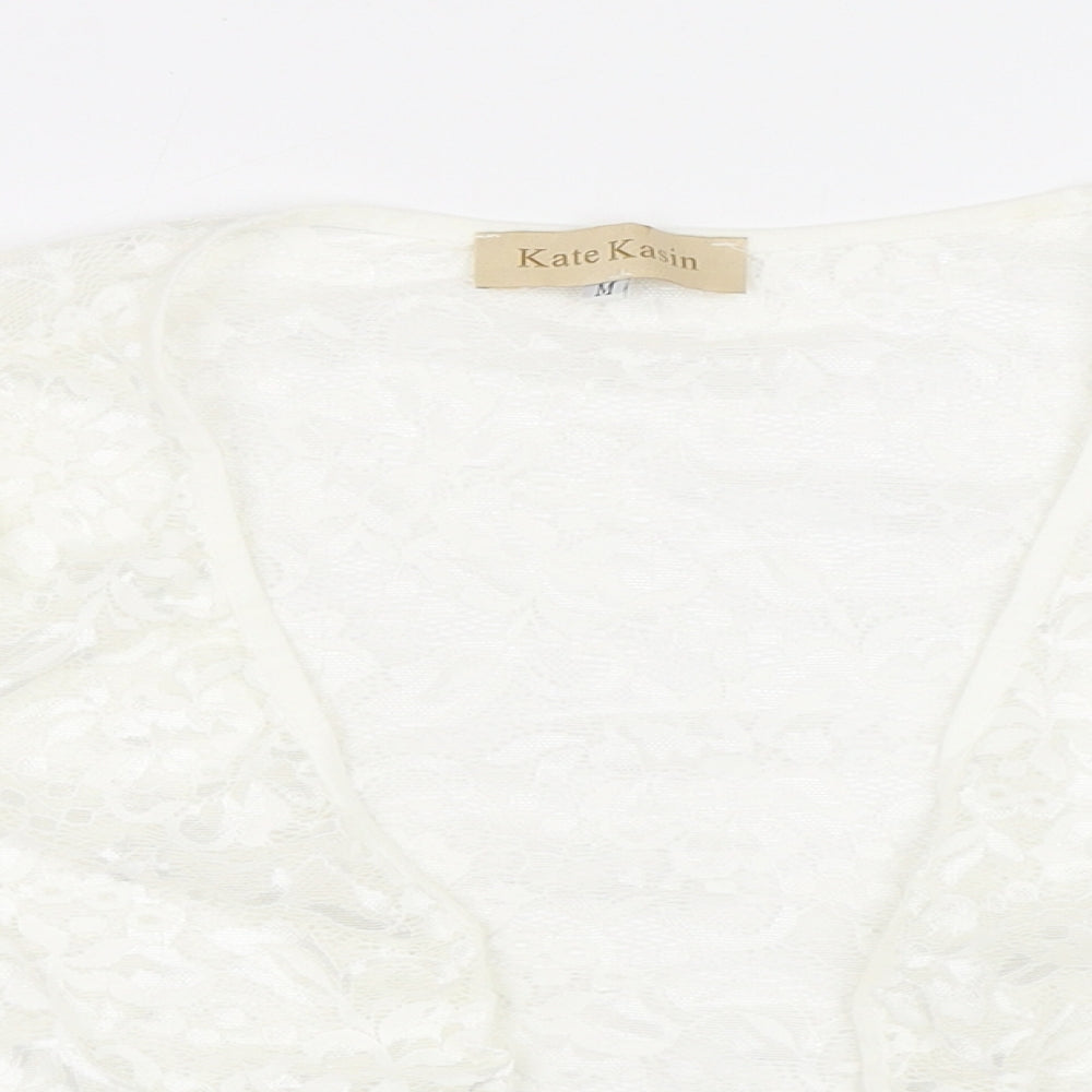 Kate Kasin Womens Ivory V-Neck Polyamide Shrug Jumper Size M - Lace Effect