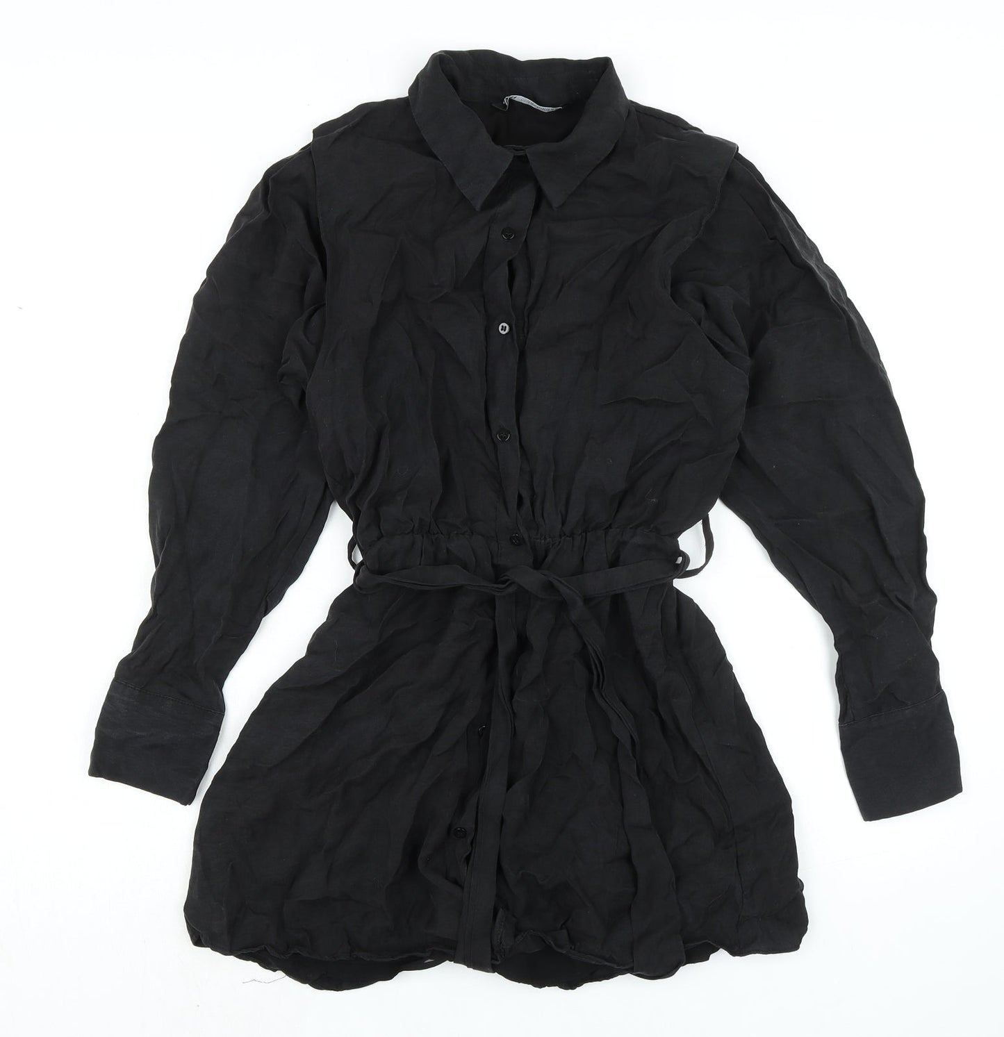 Zara Womens Black Polyester Shirt Dress Size XS Collared Button - Elasticated Waist