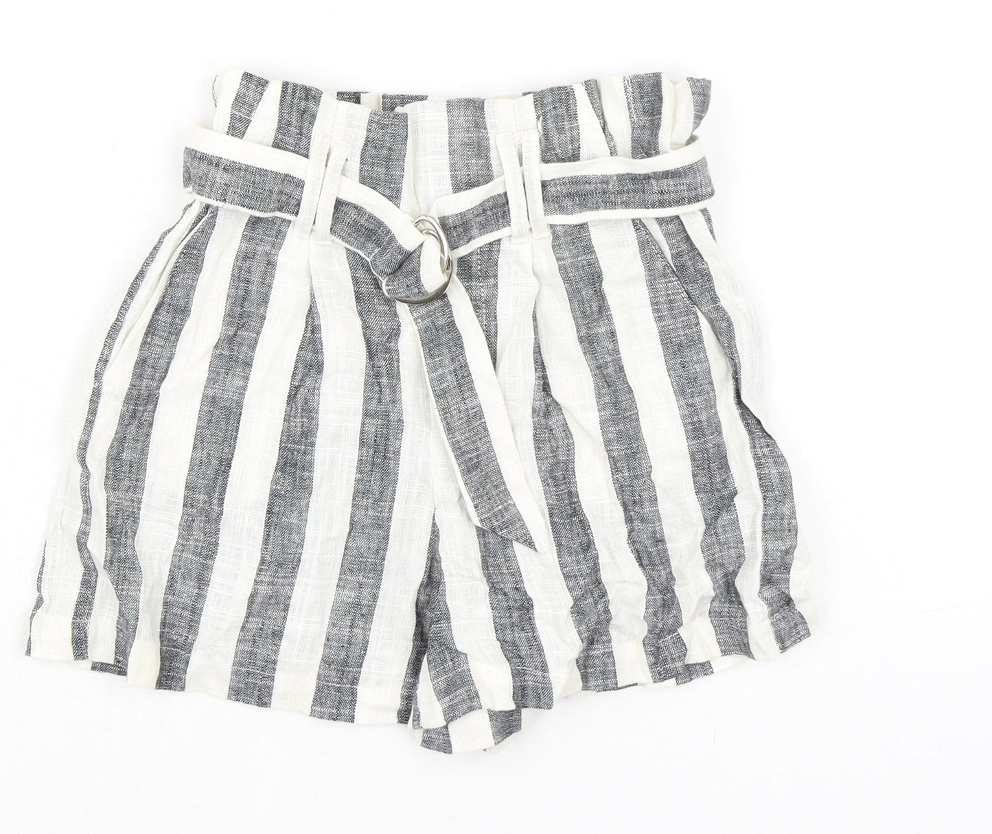 Bershka Womens Black Striped Viscose Paperbag Shorts Size XS L3 in Regular