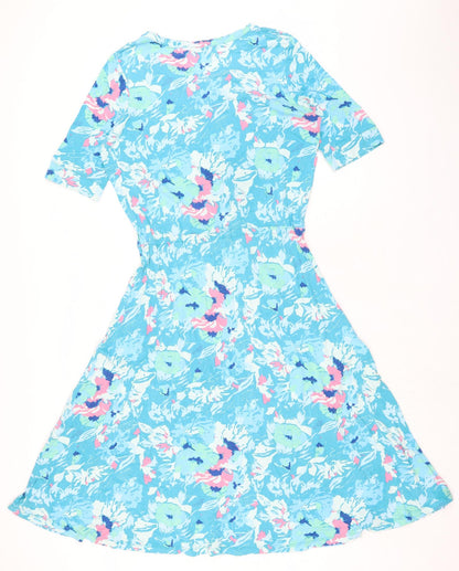 Patra Womens Blue Floral Viscose Fit & Flare Size M Sweetheart - Pull Cord Waist