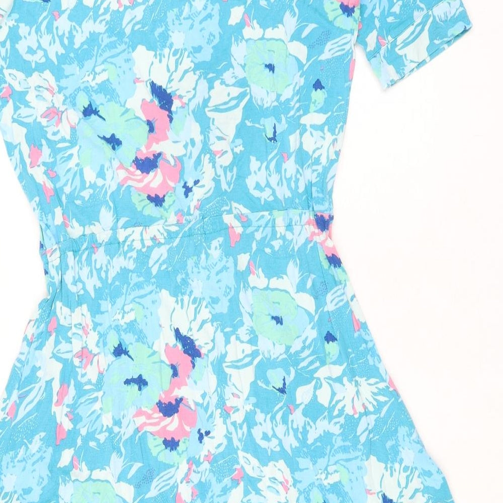 Patra Womens Blue Floral Viscose Fit & Flare Size M Sweetheart - Pull Cord Waist