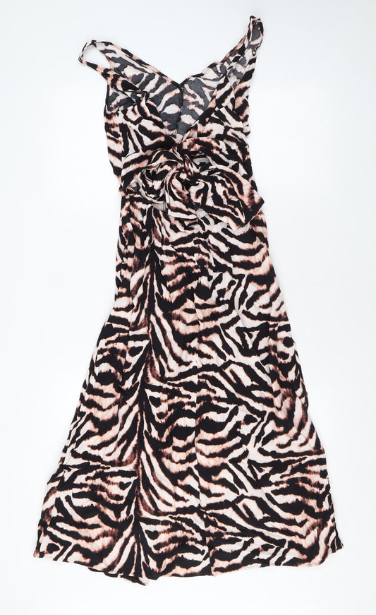 Marks and Spencer Womens Brown Animal Print Viscose A-Line Size 10 V-Neck Tie - Zebra Print
