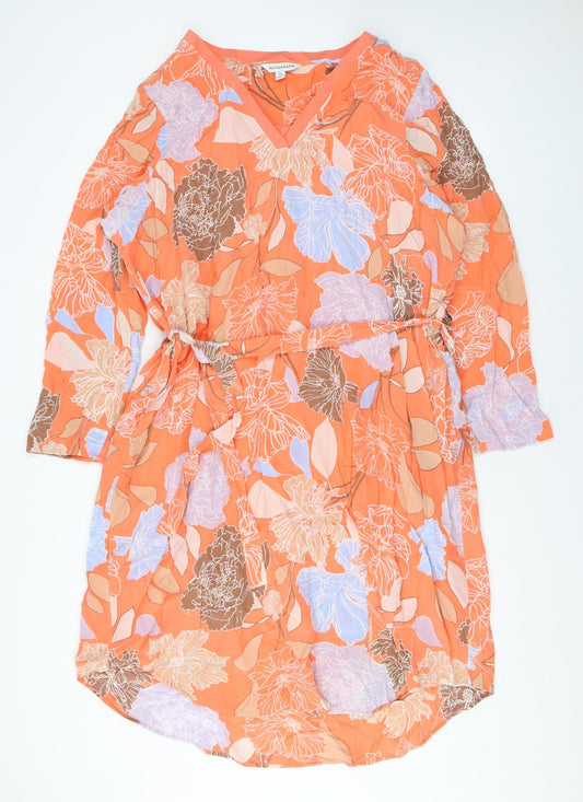 Autograph Womens Orange Floral Silk A-Line Size 24 V-Neck Pullover - Pockets