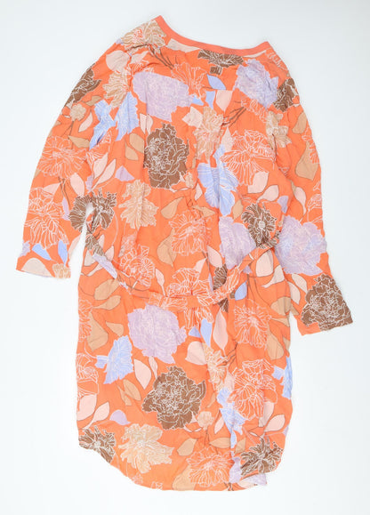 Autograph Womens Orange Floral Silk A-Line Size 24 V-Neck Pullover - Pockets