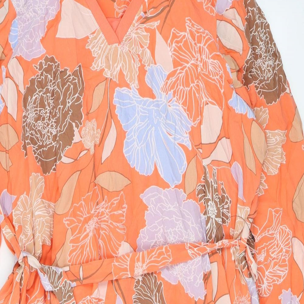 Autograph Womens Orange Floral Silk A-Line Size 24 V-Neck Pullover - Pockets