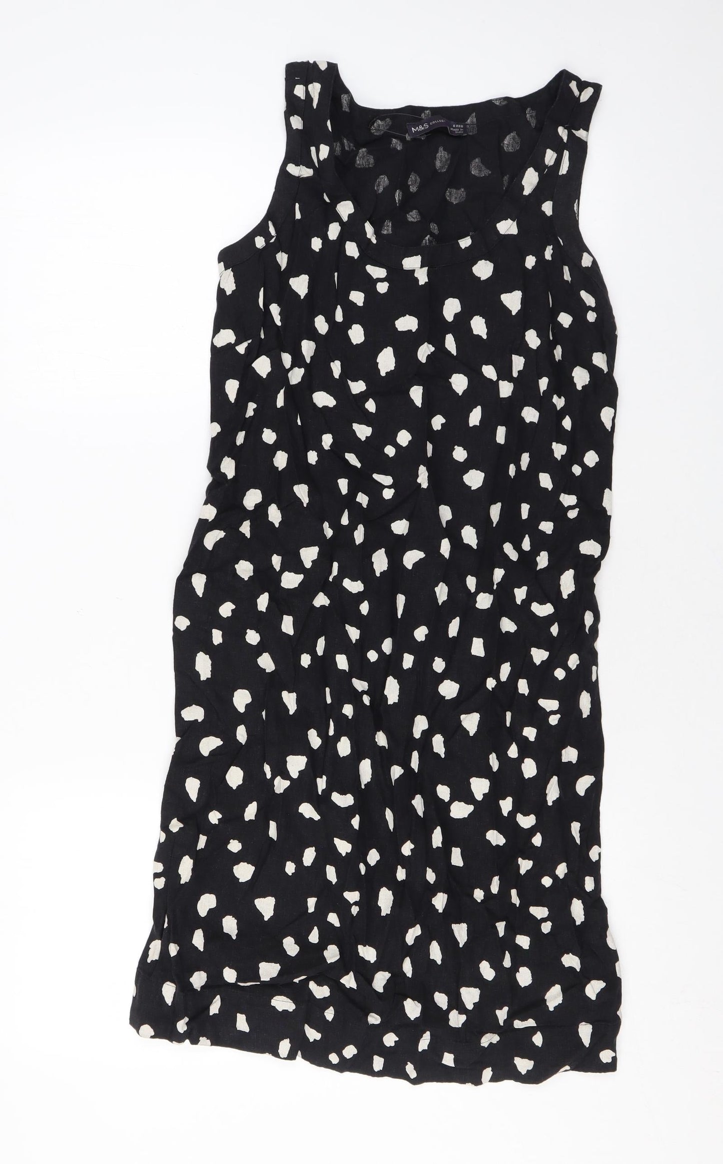 Marks and Spencer Womens Black Geometric Linen Tank Dress Size 6 Scoop Neck Pullover