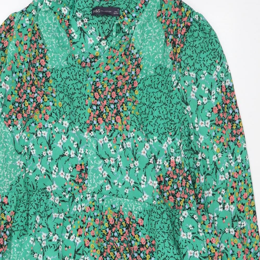Marks and Spencer Womens Green Floral Polyester A-Line Size 16 V-Neck Pullover