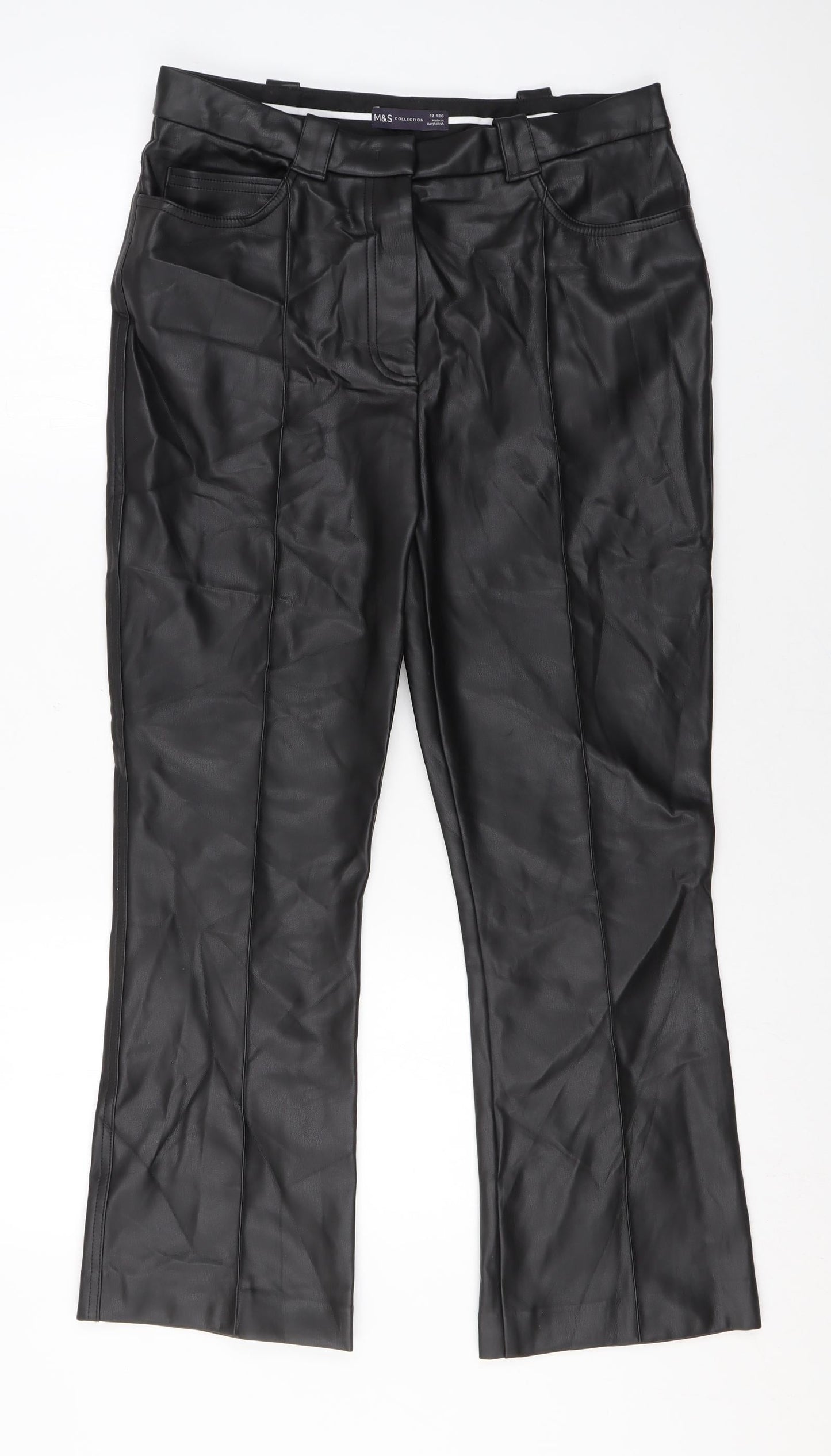 Marks and Spencer Womens Black Polyester Trousers Size 12 L25 in Regular Zip