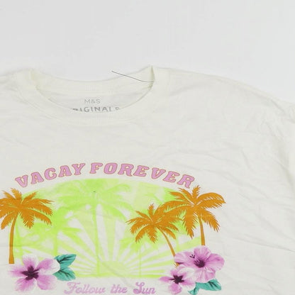Marks and Spencer Girls Ivory Cotton Pullover T-Shirt Size 10-11 Years Crew Neck Pullover - Vacay