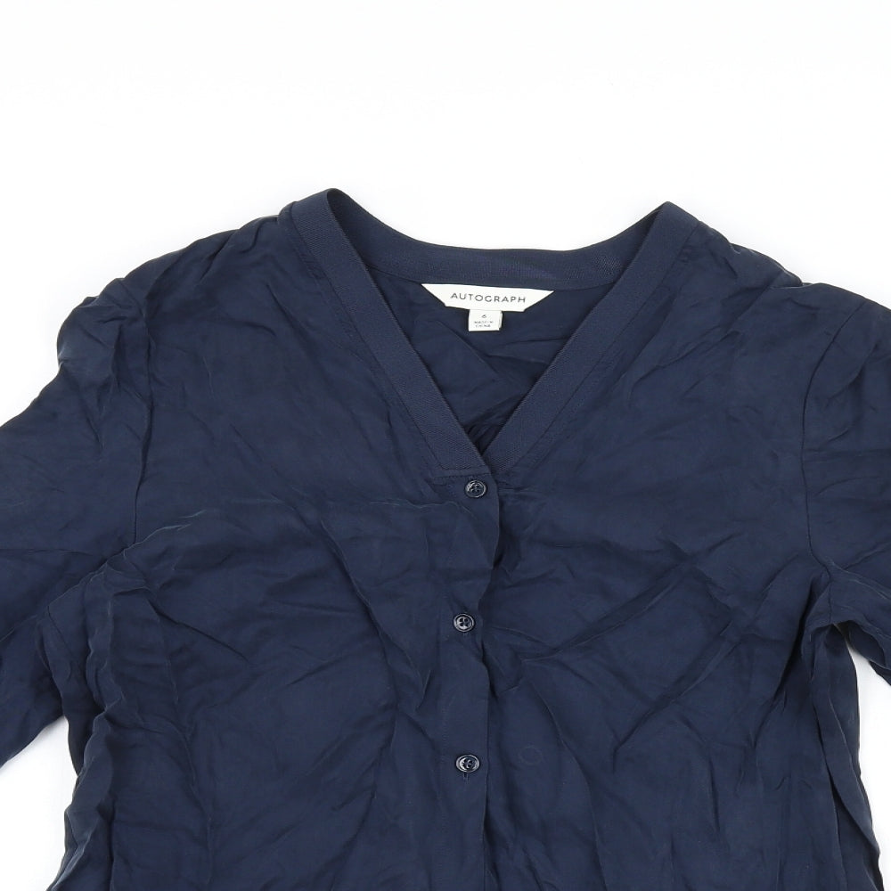 Autograph Womens Blue Cupro Basic Button-Up Size 6 V-Neck