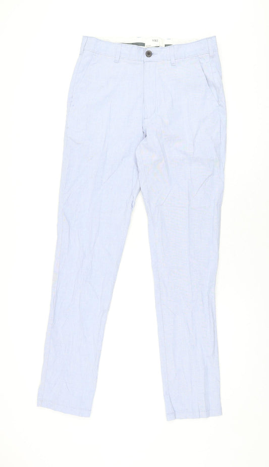 Marks and Spencer Mens Blue Cotton Trousers Size 30 in L33 in Regular Zip