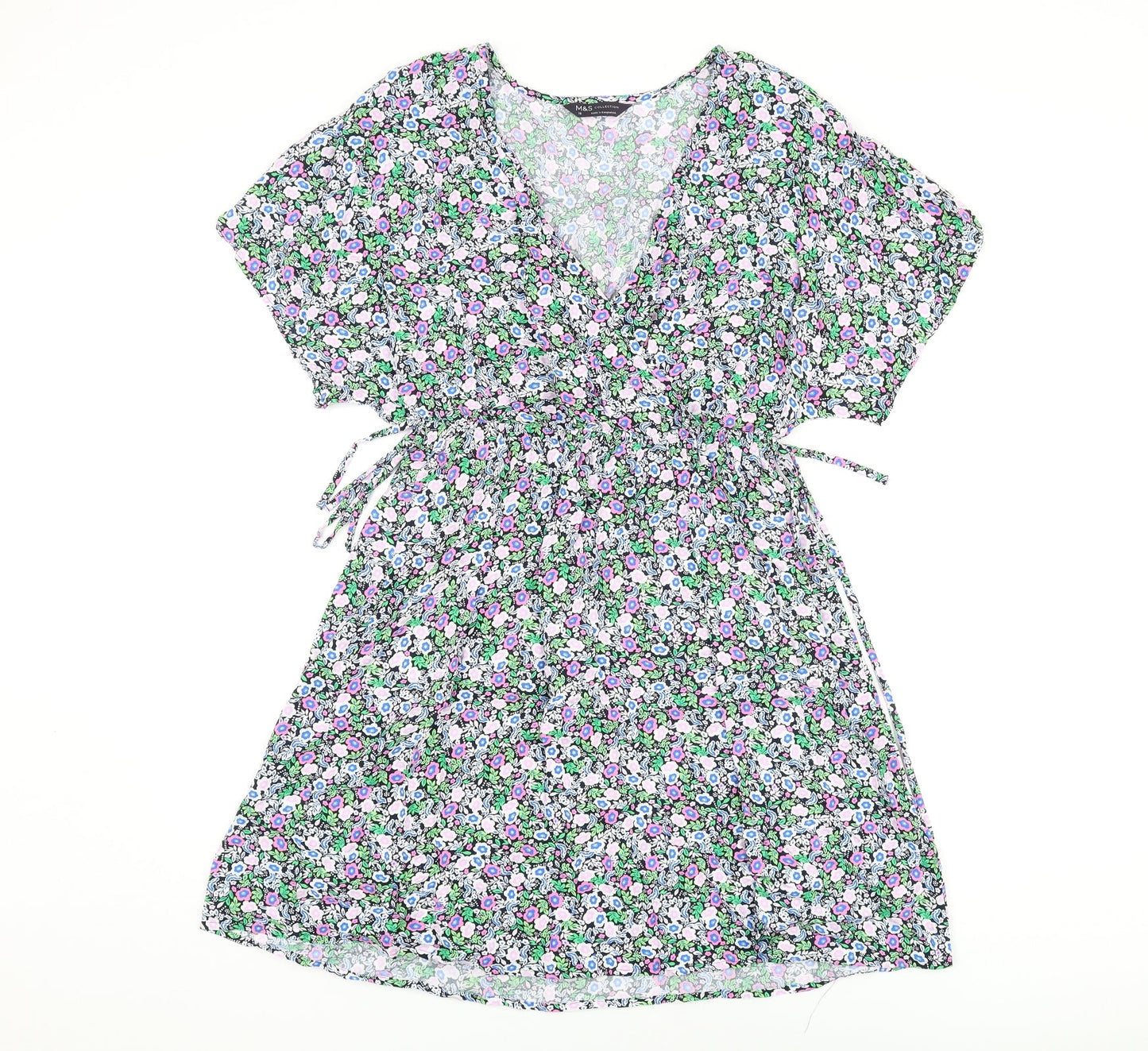 Marks and Spencer Womens Multicoloured Floral Viscose Skater Dress Size 10 V-Neck Pullover