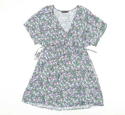 Marks and Spencer Womens Multicoloured Floral Viscose Skater Dress Size 10 V-Neck Pullover