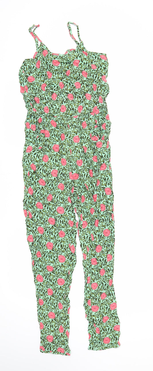 FOREVER 21 Womens Green Floral Viscose Jumpsuit One-Piece Size XS L25 in Button