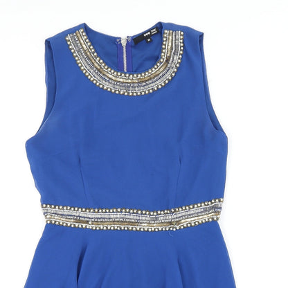 TFNC Womens Blue Polyester A-Line Size M Roll Neck Zip - Beaded Neckline